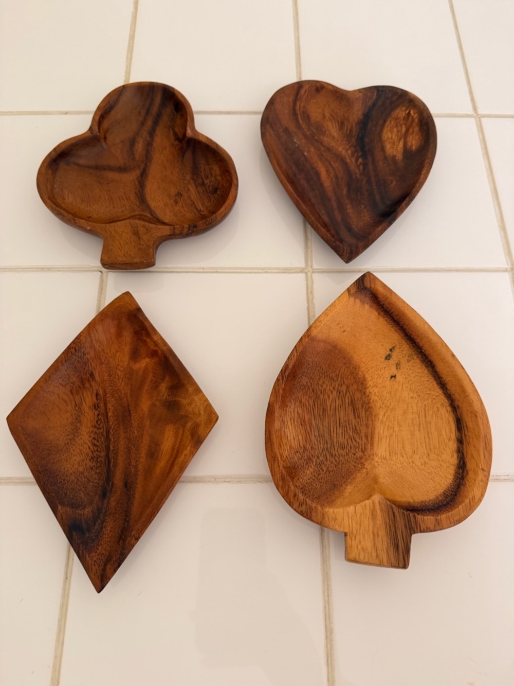 Vintage Wooden MCM Monkey Pods Lot of 4 Suits Cards Games Bowls Plates Spade